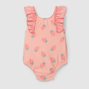 Fato de banho morangos e detalhe de folho xadrez vichy