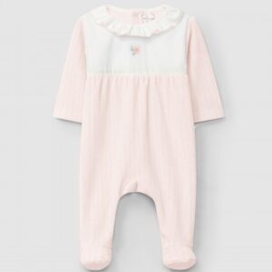 Babygrow em veludo canelado com gola de folho e detalhe bordado
