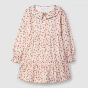 Vestido flores delicadas gola com bordado cor contraste