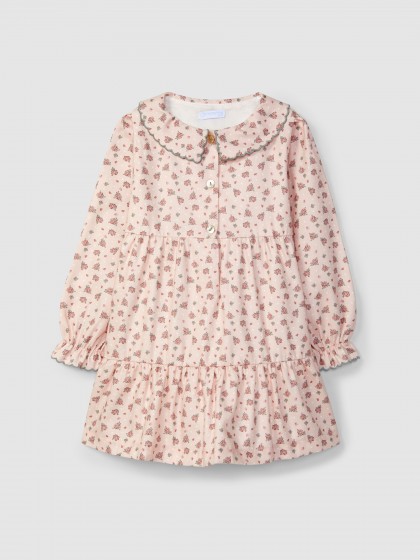 Vestido flores delicadas gola com bordado cor contraste
