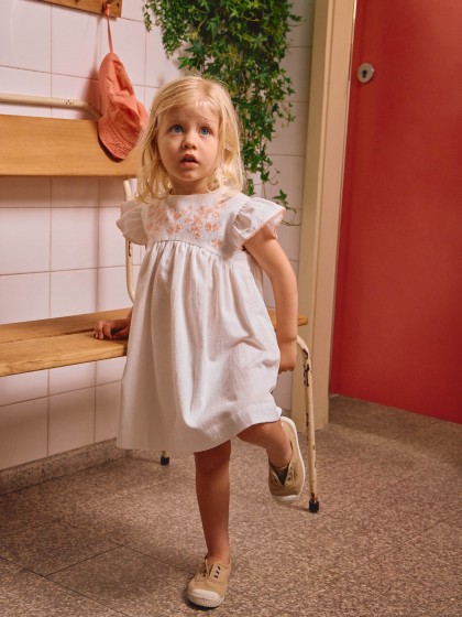 Vestido algodão texturado e bordado