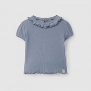 T-shirt em malha canelada com gola bordado inglês