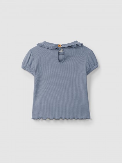 T-shirt em malha canelada com gola bordado inglês - Image 2