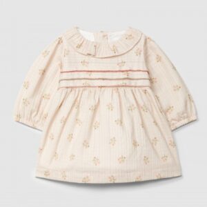Vestido riscas e flores com gola de folho